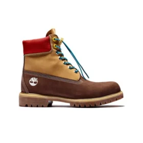 6-Inch Premium wodoodporne botki „Brązowy Nubuck z żółtym i czerwonym kołnierzem”