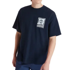 Timberland z nadrukiem logo, okrągły dekolt, niebieskie
