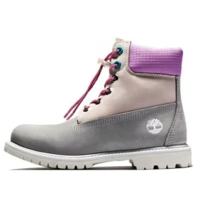Walentynkowe Premium Waterproof Botki o wysokości 15 cm „Szaro-beżowy nubuk z fioletowym kołnierzem”