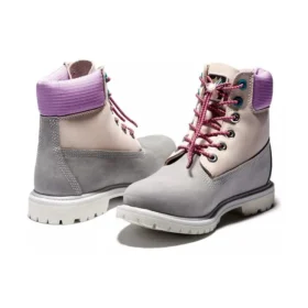 Walentynkowe Premium Waterproof Botki o wysokości 15 cm „Szaro-beżowy nubuk z fioletowym kołnierzem”